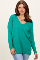 Green Front Seam V-Neck Side Slit Maternity Sweater