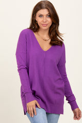 Violet Front Seam V-Neck Side Slit Sweater