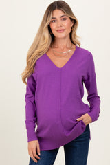 Violet Front Seam V-Neck Side Slit Maternity Sweater