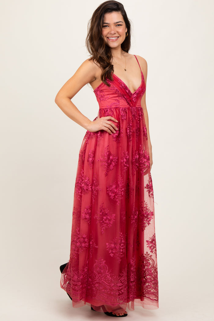 Red Floral Lace Overlay Maxi Dress