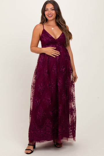Plum Floral Lace Overlay Maternity Maxi Dress