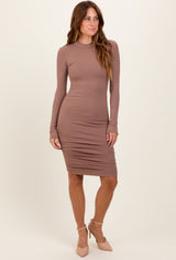 Mocha Ribbed Mock Neck Ruched Long Sleeve Maternity Dress