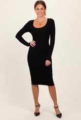 Black Bow Trim Neckline Long Sleeve Midi Dress