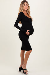 Black Bow Trim Neckline Long Sleeve Maternity Midi Dress