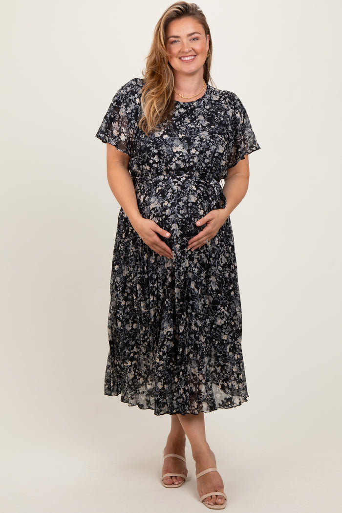 Black Floral Pleated Maternity Plus Midi Dress
