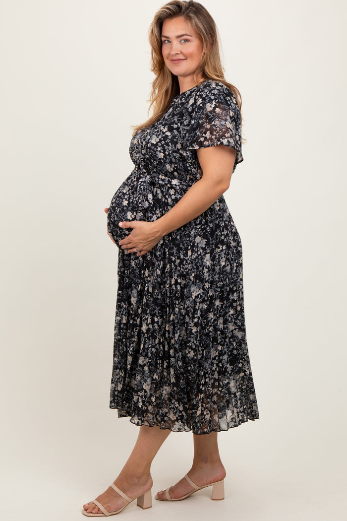 Black Floral Pleated Maternity Plus Midi Dress