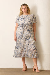 Cream Floral Pleated Plus Midi Dress