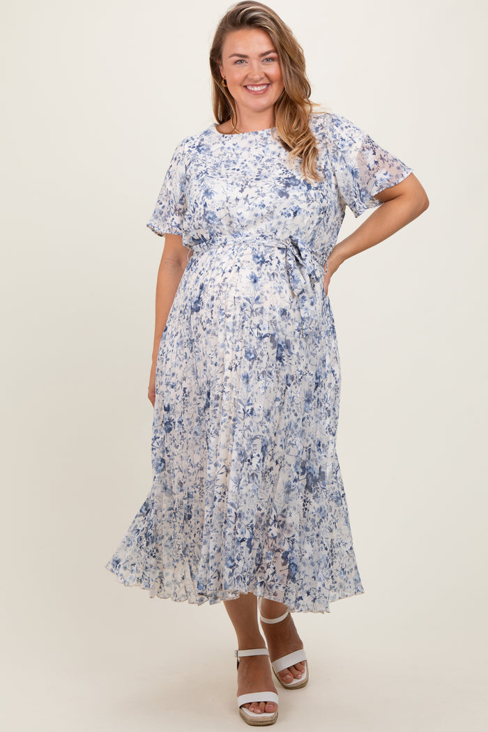 Cream Floral Pleated Maternity Plus Midi Dress