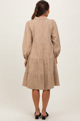 Camel Tiered Button Down Maternity Shirt Dress