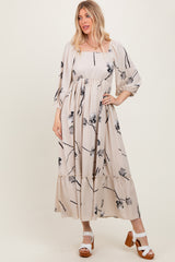 Cream Floral Square Neck Maternity Midi Dress