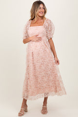 Light Pink Floral Mesh Overlay Tie Back Maternity Midi Dress