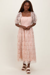 Light Pink Floral Mesh Overlay Tie Back Maternity Midi Dress