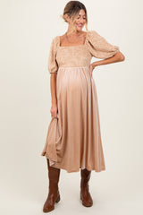 Tan Velvet Contrast Square Neck Maternity Midi Dress