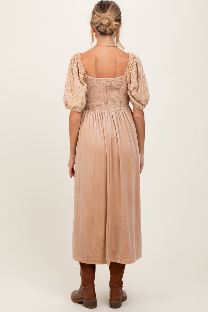 Tan Velvet Contrast Square Neck Maternity Midi Dress