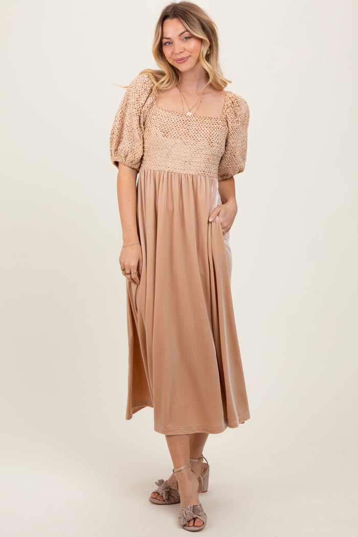 Tan Velvet Contrast Square Neck Maternity Midi Dress