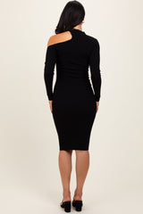 Black Mock Neck Cutout Fitted Midi Dress