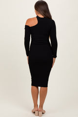 Black Mock Neck Cutout Maternity Fitted Midi Dress