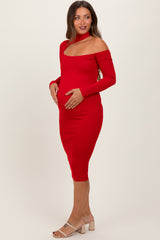 Red Mock Neck Cutout Maternity Fitted Midi Dress