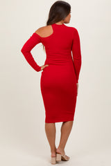 Red Mock Neck Cutout Maternity Fitted Midi Dress