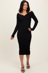 Black Ribbed Crossover Off Shoulder Maternity Midi Dress