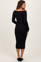 Black Ribbed Crossover Off Shoulder Maternity Midi Dress