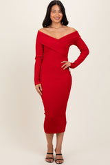 Red Ribbed Crossover Off Shoulder Maternity Midi Dress