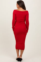 Red Ribbed Crossover Off Shoulder Maternity Midi Dress