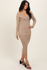 Beige Ribbed Crossover Off Shoulder Midi Dress