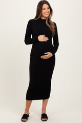 Black Basic Mock Long Sleeve Maternity Maxi Dress