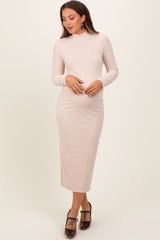 Cream Basic Mock Long Sleeve Maternity Maxi Dress