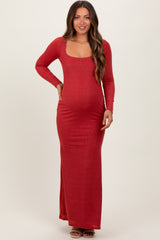 Mauve Basic Square Neck Long Sleeve Maternity Maxi Dress