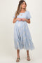Light Blue Floral Print Ruffle Hem Maternity Midi Dress