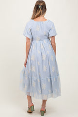 Light Blue Floral Print Ruffle Hem Maternity Midi Dress