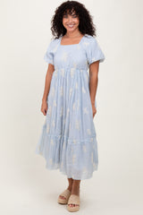 Light Blue Floral Print Ruffle Hem Midi Dress