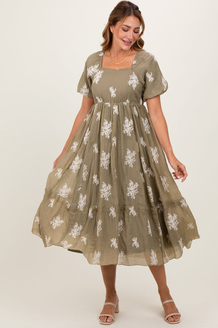 Olive Floral Print Ruffle Hem Maternity Midi Dress