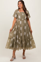 Olive Floral Print Ruffle Hem Maternity Midi Dress