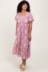 Mauve Floral Print Ruffle Hem Midi Dress