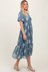 Blue Floral Print Ruffle Hem Midi Dress