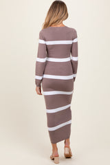 Mocha Striped Knit Long Sleeve Maternity Midi Sweater Dress