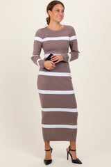 Mocha Striped Knit Long Sleeve Maternity Midi Sweater Dress