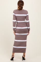 Mocha Striped Knit Long Sleeve Midi Sweater Dress