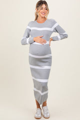 Heather Grey Striped Knit Long Sleeve Maternity Midi Sweater Dress