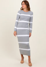 Heather Grey Striped Knit Long Sleeve Maternity Midi Sweater Dress