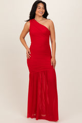 Red Ruched Mesh One Shoulder Maxi Dress