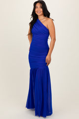 Royal Blue Ruched Mesh One Shoulder Maxi Dress