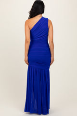 Royal Blue Ruched Mesh One Shoulder Maxi Dress