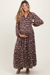 Brown Floral Chiffon Lace Trim Back Tie Maternity Maxi Dress