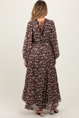 Brown Floral Chiffon Lace Trim Back Tie Maternity Maxi Dress