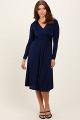 Navy Crossover V-Neckline Long Sleeve Nursing Dress