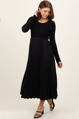 Black Knit Contrast Pleated Skirt Midi Dress